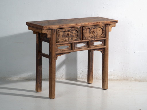 Console ancienne en pin avec deux tiroirs – Chine, circa 1930