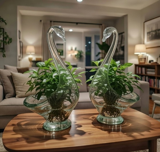 Image 1 of (W018) PAIR of large Chribská swan bowls – Josef Hospodka – 31 and 32 cm – ca. 1965