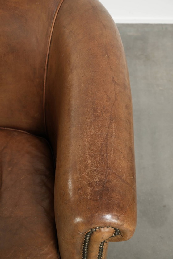 2x Grand Fauteuil Club Robuste en Cuir de Mouton Vintage avec une Belle Patine – Leather (photo 9 of 14)