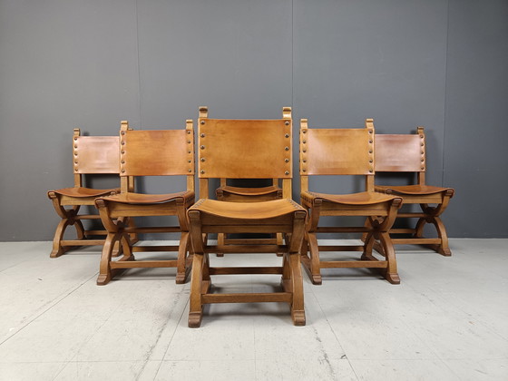 Image 1 of Chaises de salle à manger espagnoles en cuir, 1960S