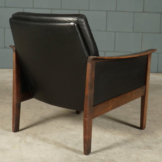 Image 1 of Vintage zwart lederen fauteuil – jaren 60