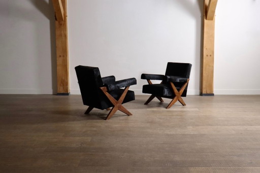Paar Pierre Jeanneret X-Bein-Loungesessel, Chandigarh, 1960er Jahre – fauteuils, Leather, Vintage