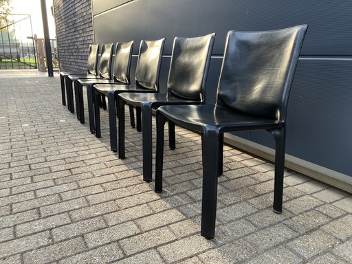 6x Cassina Cab Chairs Mario Bellini in Black Saddle Leather