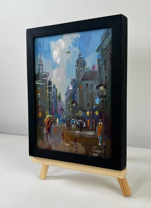 Original Oil Painting Gloomy Street Landscape Dynamics of the city during rain
