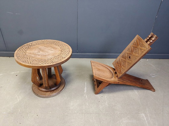 Image 1 of African Ceremonial Chief Chair with table Hand Carved Wood 1960s 