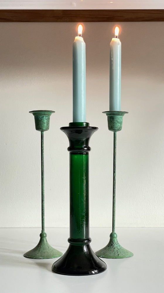 Image 1 of Vintage Glass and Metal Candle Holders Green