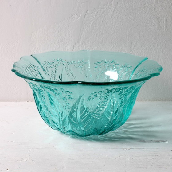 Image 1 of Vintage Teal Glass Fruit Bowl: Mid-Century Modern Pukeberg Sweden
