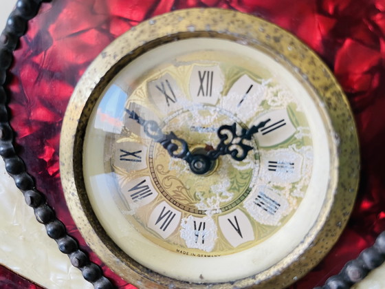 Image 1 of German Art Deco wood mother of pearl silver clock blue opaline glass lamp set with drawers, 1930s