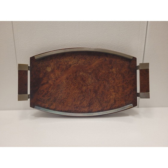 Image 1 of Vintage art deco serving tray in root or lupia wood and chrome steel, France 1930