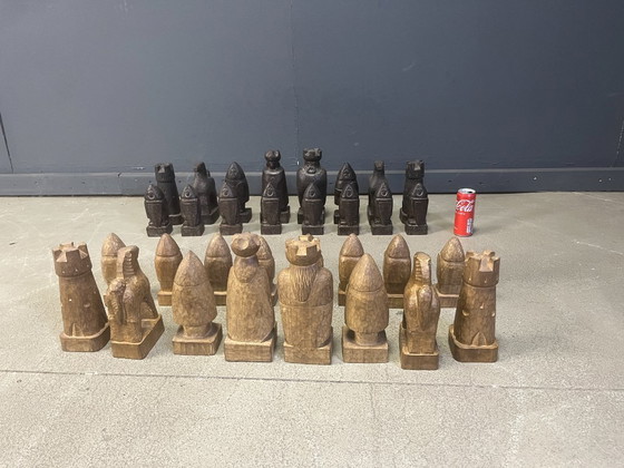 Image 1 of Großes, handgefertigtes Schachfigurenset aus Holz, 1960er Jahre