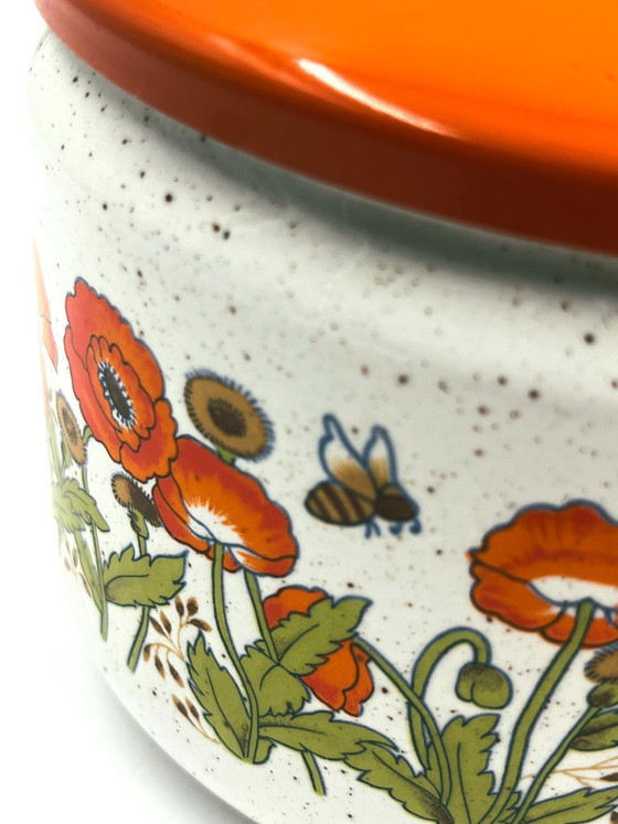 Enamelled Casserole "Orange Poppy" Sanko Ware, Kitchen accessories, Metal, Plastic, White, Vintage (photo 4 of 7)