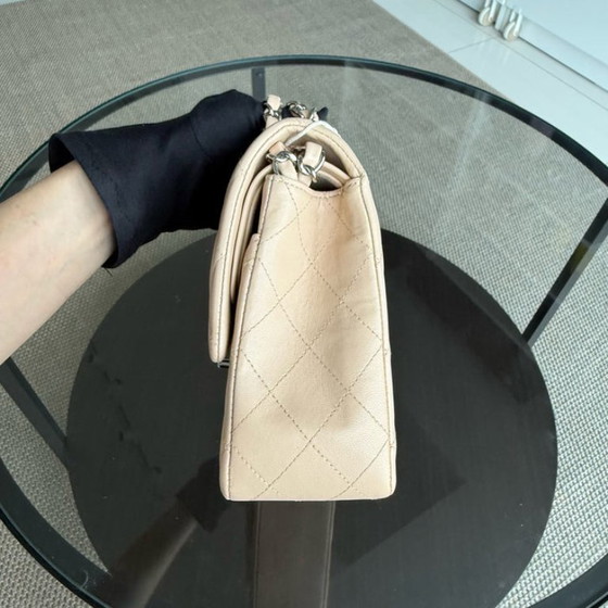 Image 1 of Chanel Classic Flap Medium - 25 cm gewatteerd lamsleer beige zilverkleurige hardware Serie 15