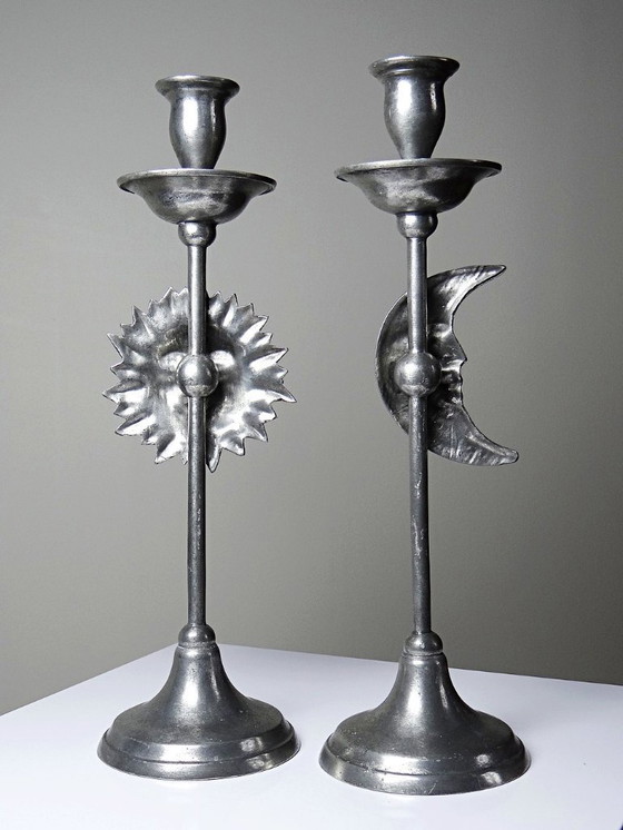 Image 1 of Pair of vintage mid-century silver-plated pewter Sun & Moon handcrafted candlesticks