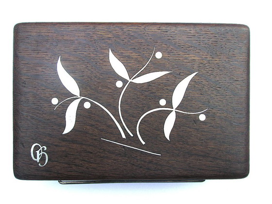 Image 1 of Danish Design Bog Oak Wood Mid-Century Cigarette Box, Signed and Hallmarked, with Sterling Silver Inlaid Floral Design