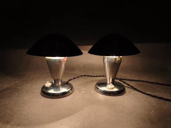 Image 1 of Pair Bauhaus Chrome Adjustable Table Lamps, 1930s Czechoslovakia