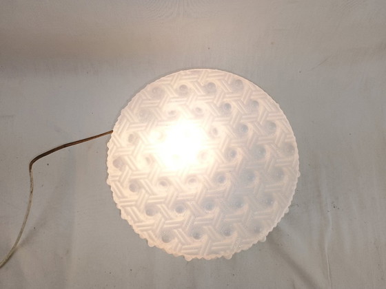 Image 1 of Vintage Glashütte Limburg 1960s Pressed Glass Ceiling Light - Textured Clear Glass Flush Mount Wall Sconce German Mid-Century