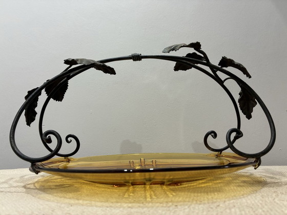 Val Saint Lambert amber glass bowl, Candide series, metal leaf mount, Table accessories, Orange, Art Deco (photo 5 of 5)