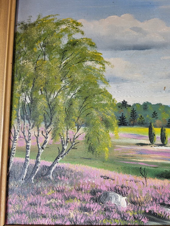 Image 1 of Olieverfschilderij van een heidelandschap uit de jaren 1930/1940.
