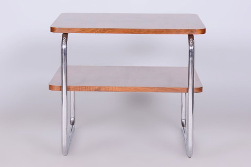 Table d'appoint Bauhaus restaurée, noyer du Caucase, acier chromé, République tchèque, années 1930 (photo 2 of 8)