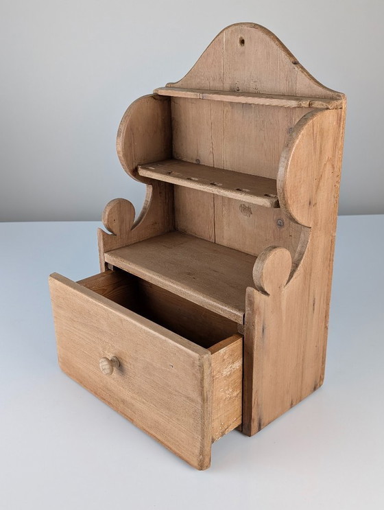 Image 1 of Hand-Carved Folk Art Pine Cutlery Rack with Drawer, 1950s