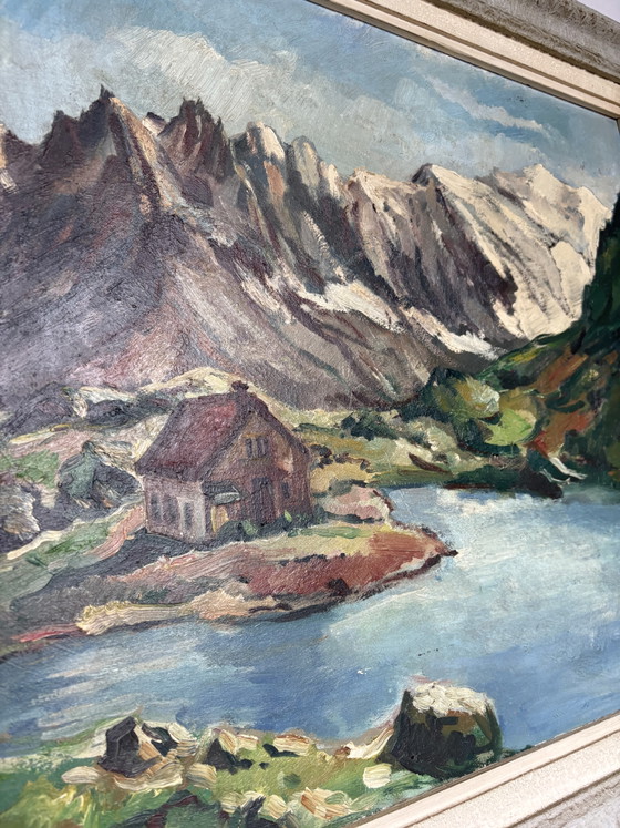 Image 1 of Vintage Alpine Lake Chateau: Gilded Masterpiece by E. Cools (1960)
