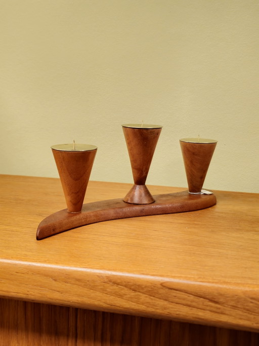 Vintage Wooden Brass Candlestick Candle Holder