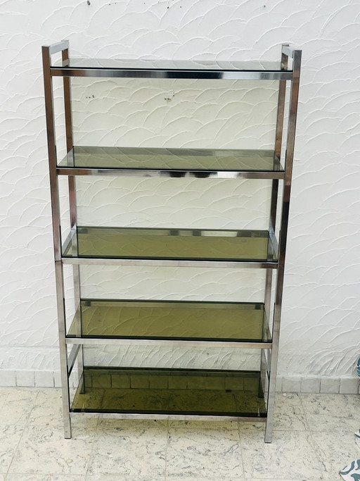 Mensola vintage di design italiano in cromo e vetro fumé degli anni '70.