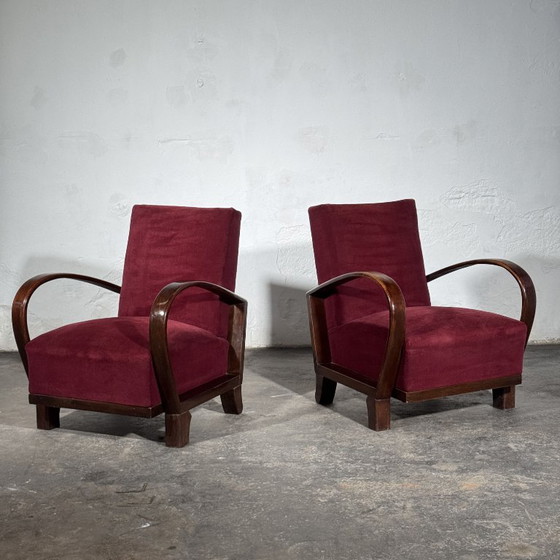 Debreceni-stijl Hongaarse Art Deco Fauteuils, Paar, Jaren 50 – Velvet, Wood (photo 3 of 10)