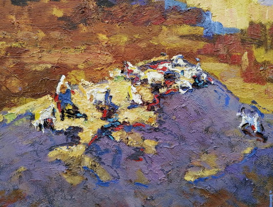 Original Oil Painting Countryside Hills Pasture Evening Landscape, Paintings & Drawings, Canvas, Orange (photo 8 of 11)