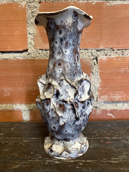 Vase Ancien Marius GIUGE Fat Lava Céramique Écumes Gris & Blanc Vintage #D384