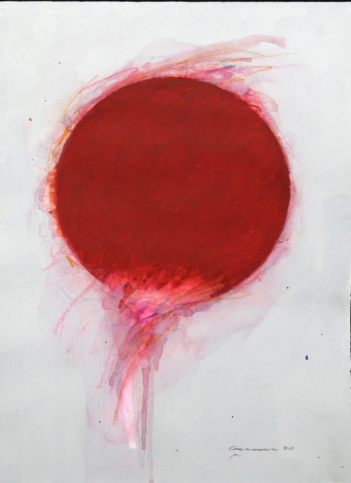Flat Spaces, Roter Kreis - Bernd Berner, Gouache Kunst aus 1990