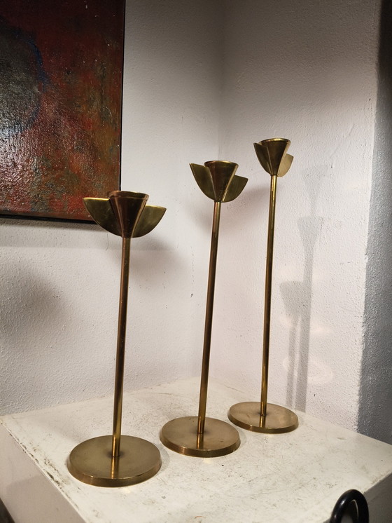 Image 1 of 2448 Vintage design eighties Memphis style brass candlesticks