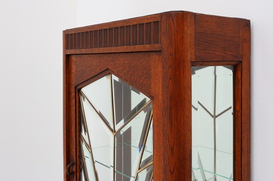 Image 1 of Mobiletto Art Déco francese in rovere con vetro piombato bisellato, ca. 1920