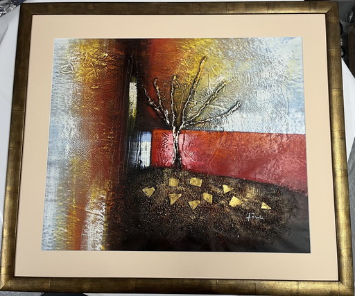 Large Relief Painting with Tree – Hand-Painted on Canvas in Frame. – schilderijen tekeningen, Wood