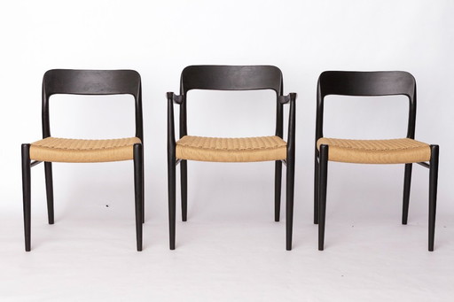 Set of 3 Niels Møller Chairs — 1 Armchair & 2 Side Chairs, Model 56 + 75, Black Danish Design, 1950s Mid-Century Modern