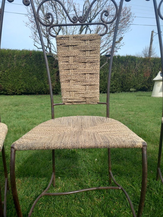 Image 1 of Set aus 4 schmiedeeisernen Stühlen mit Sitzflächen und Rückenlehnen aus geflochtenem Seil