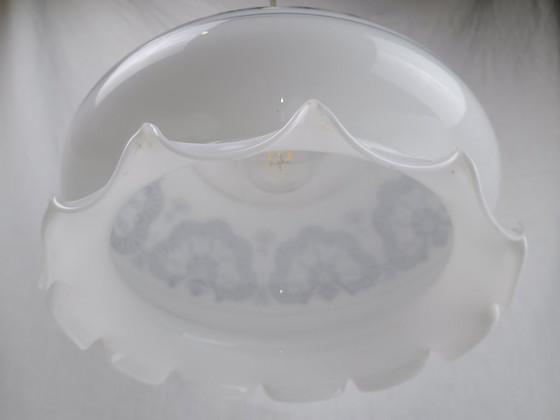 Image 1 of Mid Century Murano Pendant Light White Opaline Textured Engraved Glass Lantern 1950s