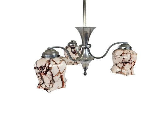 Image 1 of Niederländisches Design – Gispen-Stil – Pendelleuchte – Messing – Marmorglas – Art déco – 1930er Jahre