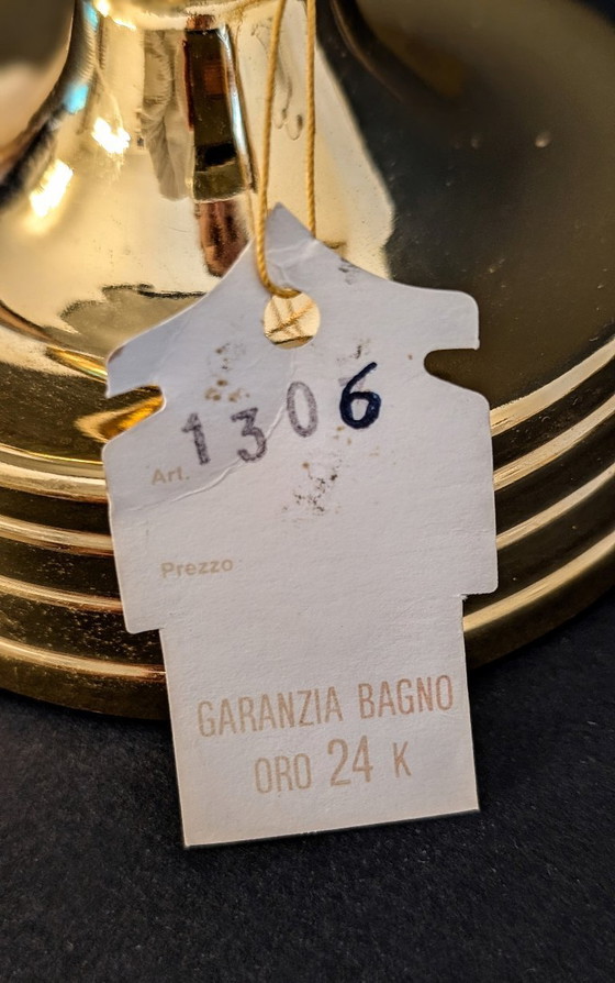 Image 1 of Lampada da Tavolo Vintage Italiana, Vetro Bianco con Bordo Nero, Ottone Bagnato in Oro 24 kt, New Old Stock