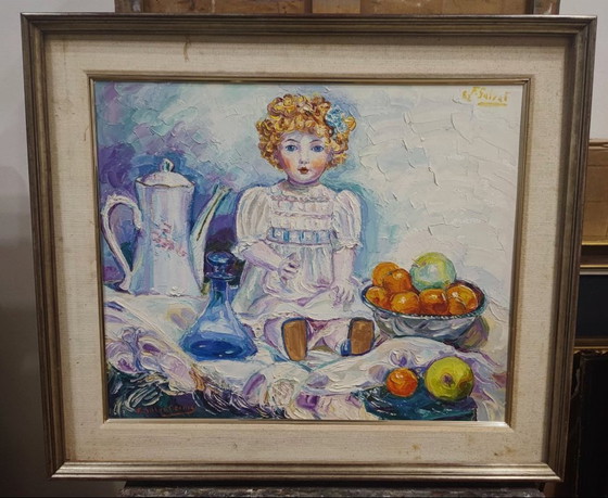 Image 1 of Oil on canvas Still Life with Porcelain Doll - Impressionist School 20th Century - Art and Decoration