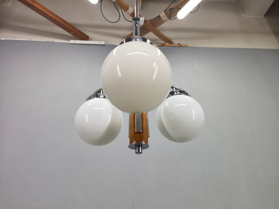 Image 1 of Lampadario Art Déco, cromo, noce e vetro, anni '30