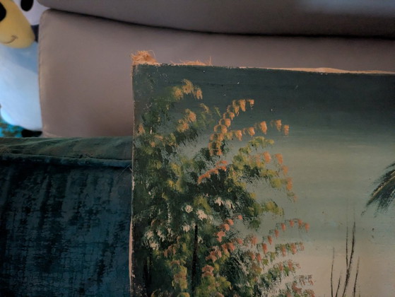 Cuadro al óleo de estilo antiguo de un pueblo de África Occidental sobre lienzo, 86 cm x 52 cm. (photo 9 of 10)