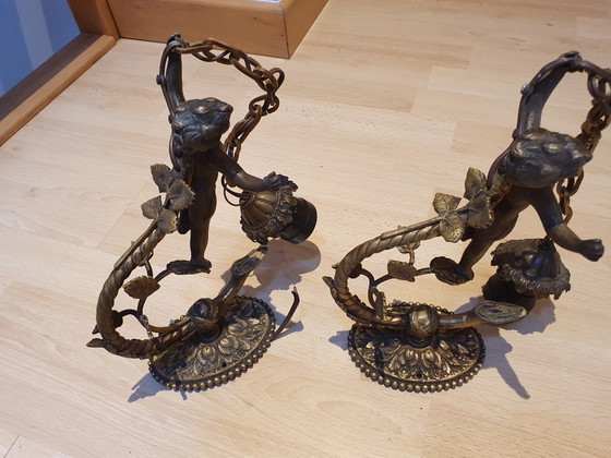 Paar antieke wandlampen met cherubijnen - messing/brons – Bronze, Metal (photo 3 of 9)