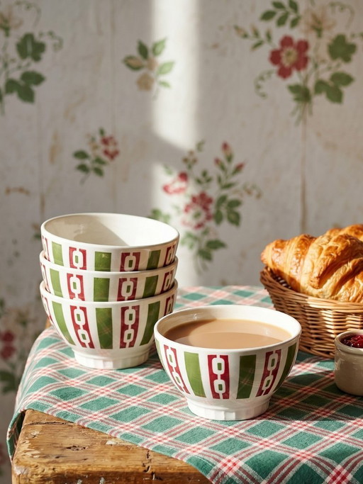 4 Badonviller earthenware coffee bowls with Art Deco decoration, vintage 1940s-1950s