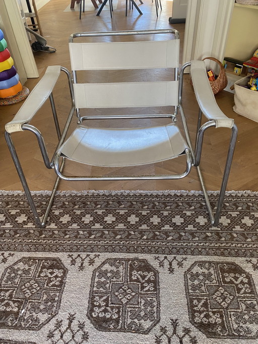 Fauteuil tubulaire Bauhaus vintage | cuir blanc et acier chromé | années 70/80 – Chrome, Leather (photo 2 of 6)