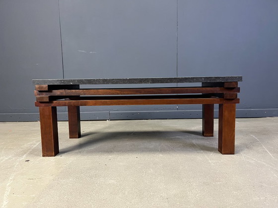 Image 1 of Vintage salontafel met houten en stenen blad, jaren 70