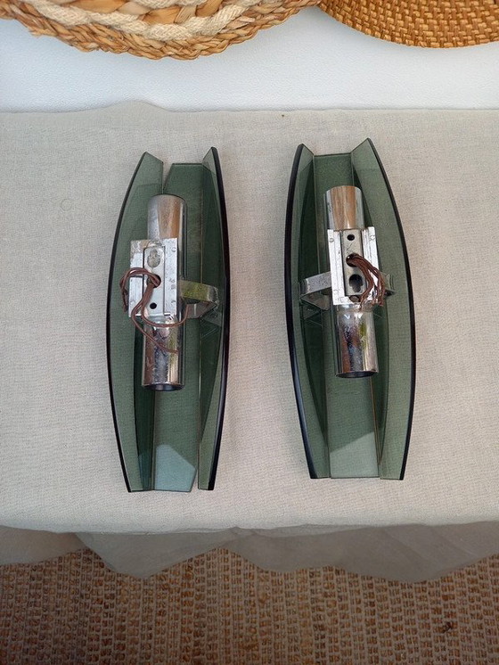 Image 1 of Paar VECA Italiaanse wandlampen voor Fontana Arte - verchroomd staal en kristalglas - jaren '60