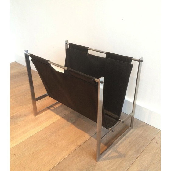 Image 1 of Vintage brushed steel and leather magazine rack, 1970