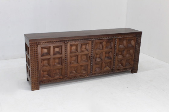 Spanish Brutalist Sideboard Room Divider Solid Walnut Wood 1960s – Vintage (photo 3 of 9)