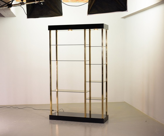 Image 1 of Belgo Chrom Hollywood Regency Style Black Lacquered Shelving Unit 20-Carat Gold Plated with Smokey Glass, Belgium, 1970s